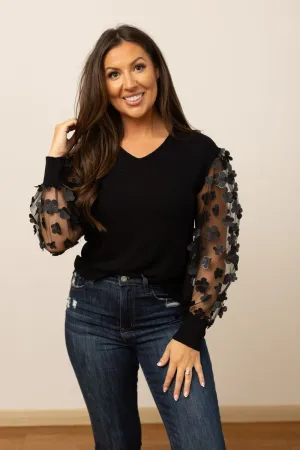 Abigail Black Top with Floral Mesh Sleeves