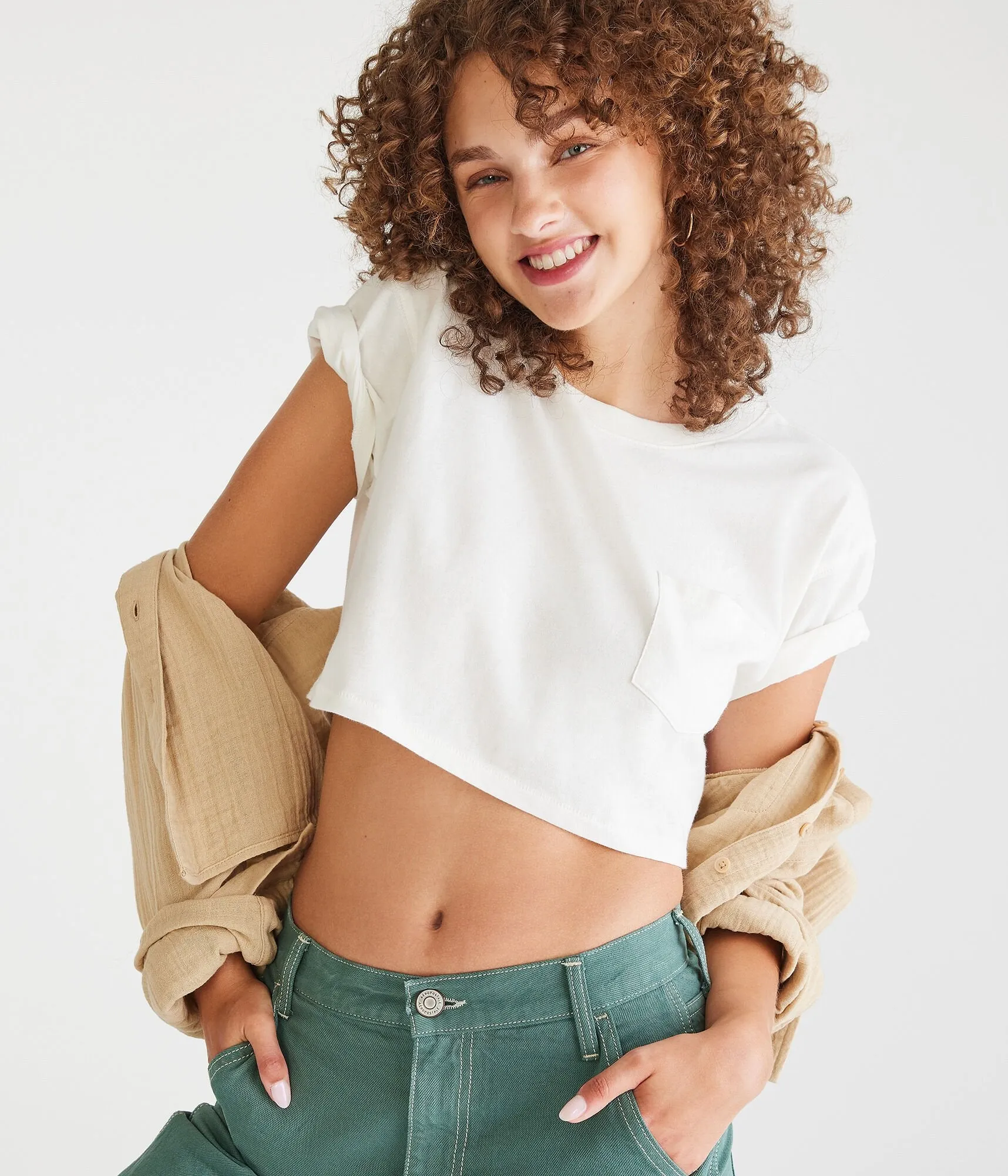 Aeropostale Womens' Boxy Boyfriend Cropped Crew Pocket Tee - White - Size M - Cotton - Teen Fashion & Clothing Cream