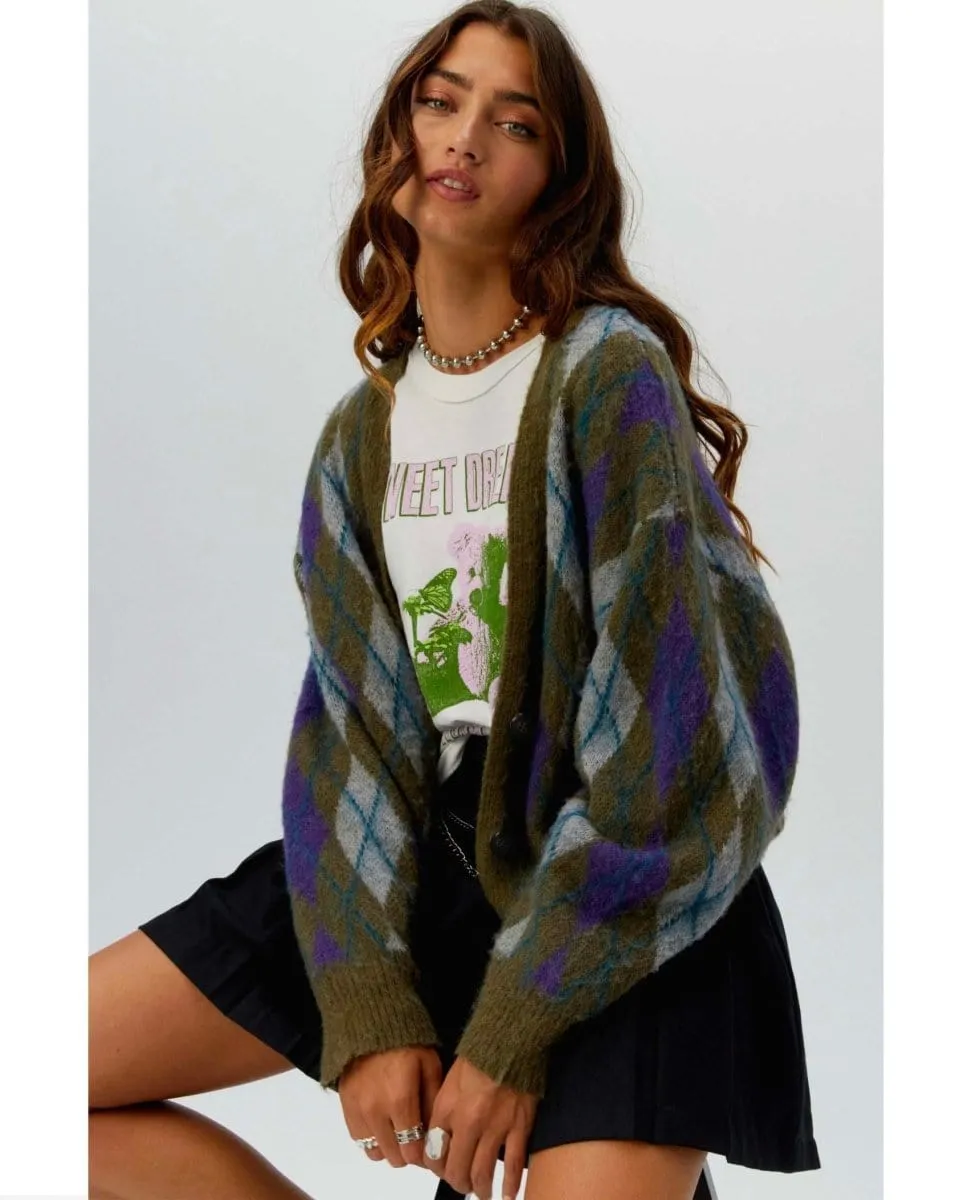 Argyle Oversized Cardigan Forest Mist