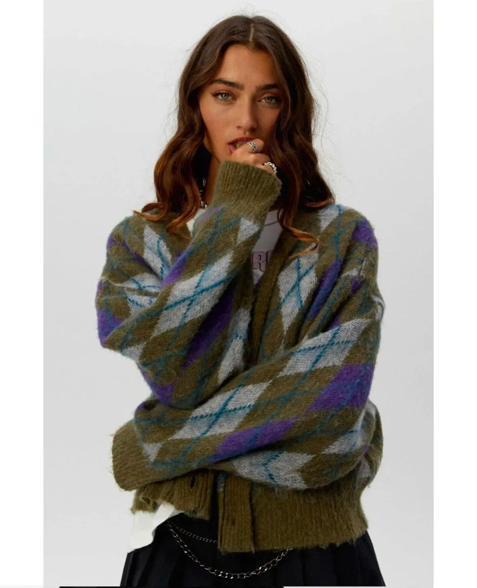 Argyle Oversized Cardigan Forest Mist