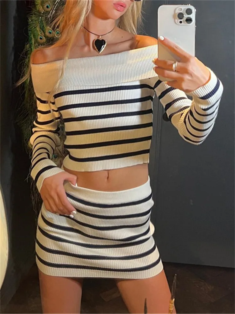 Ashore Shop Striped 2 Piece Knitted Skirts Set Women Elegant Slash Neck Off Shoulder Long Sleeve T-shirts Tops Mini Skirts