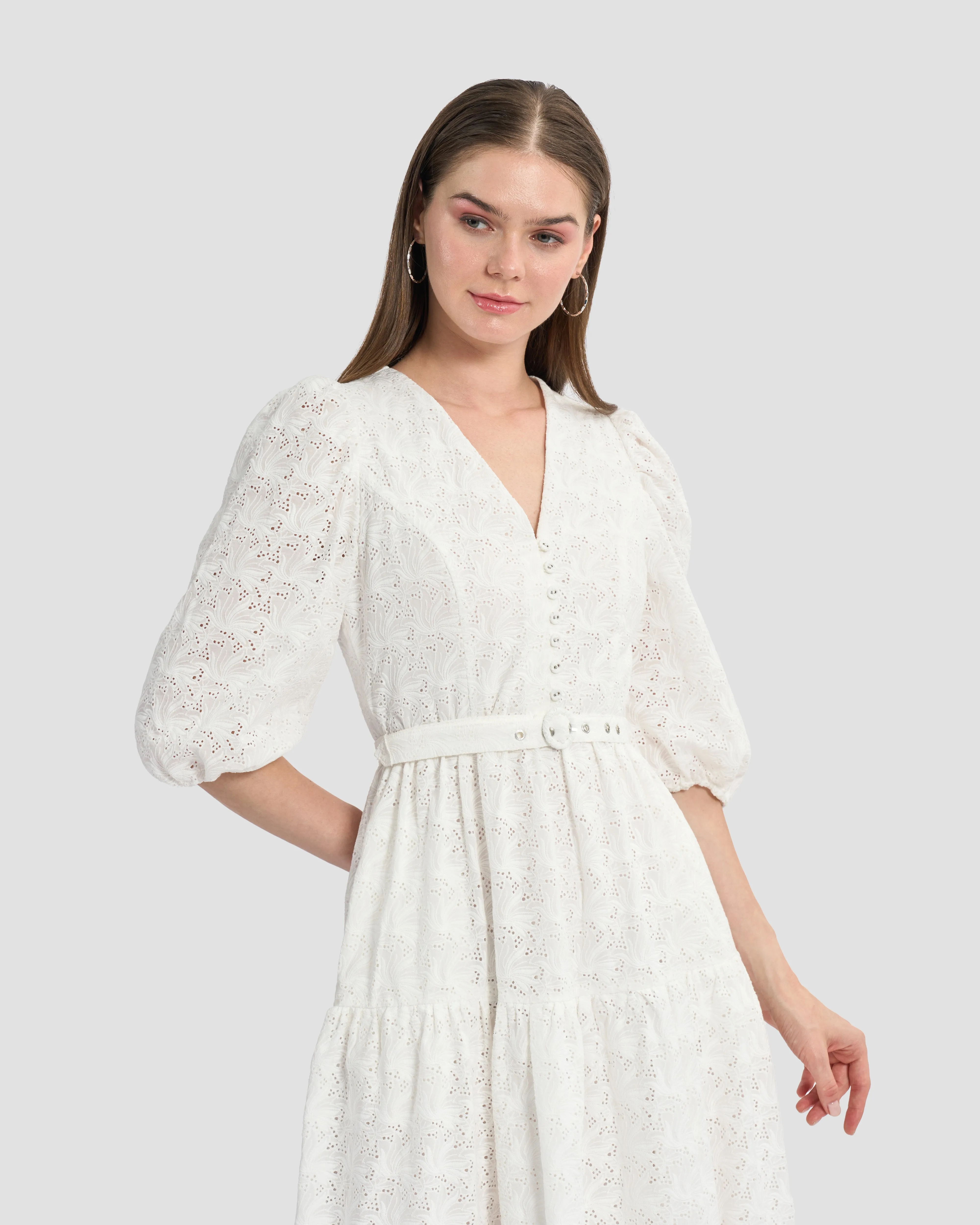 Belted Broderie Anglaise Midi Dress