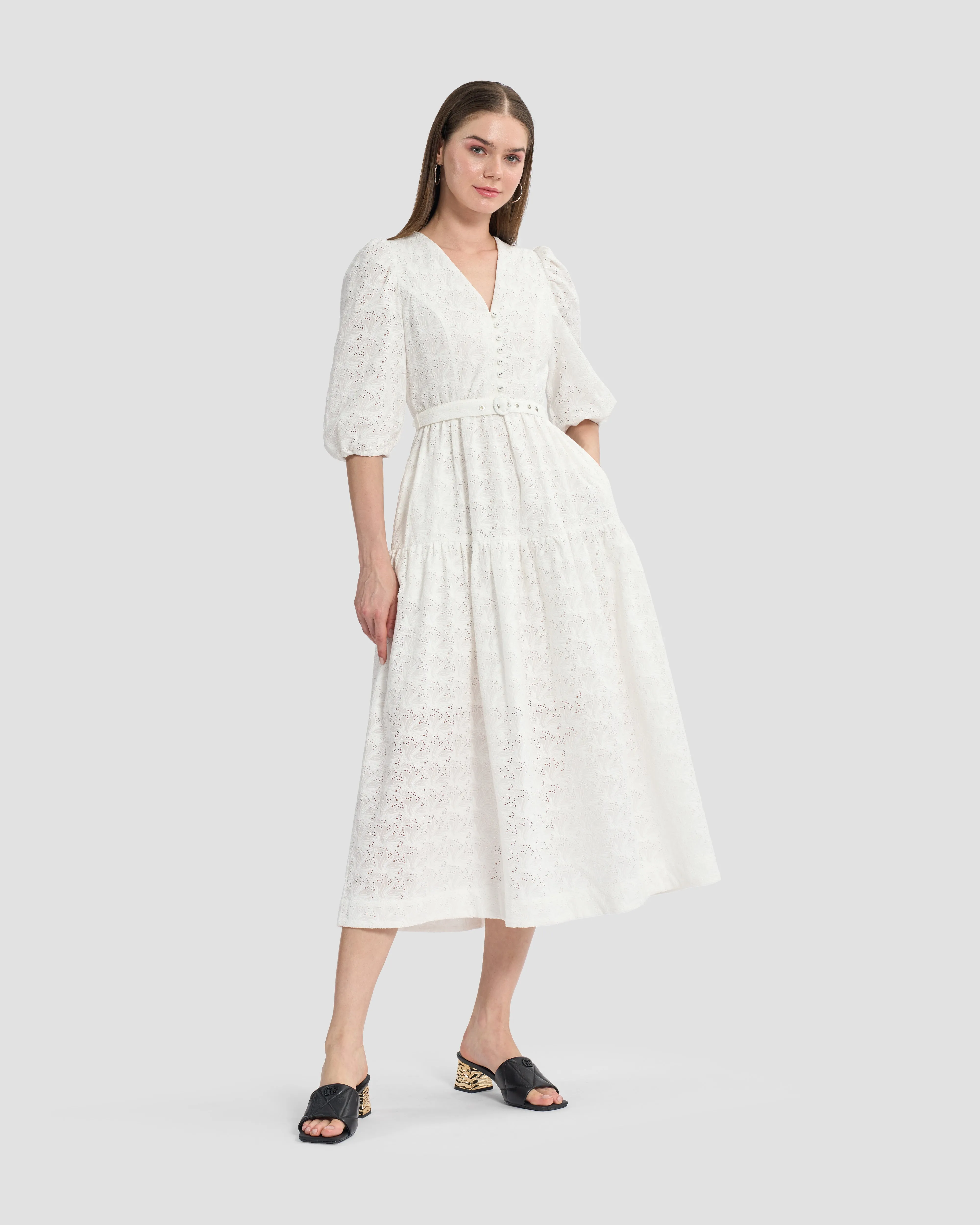 Belted Broderie Anglaise Midi Dress