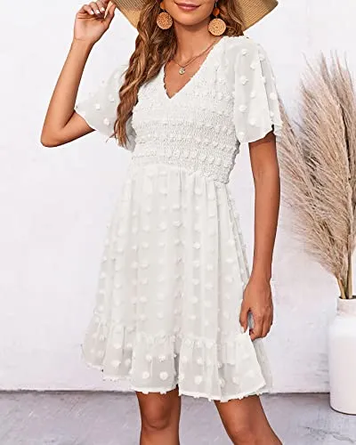 BTFBM Women's V Neck Smocked Short Sleeve Casual Dress Swiss Dot Swing Flowy Ruffle Hem Mini Beach Summer Dresses 2023(Swiss Dot White, Small)