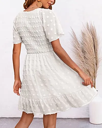 BTFBM Women's V Neck Smocked Short Sleeve Casual Dress Swiss Dot Swing Flowy Ruffle Hem Mini Beach Summer Dresses 2023(Swiss Dot White, Small)