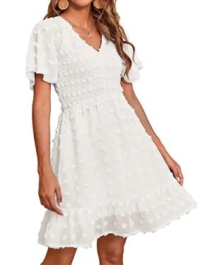 BTFBM Women's V Neck Smocked Short Sleeve Casual Dress Swiss Dot Swing Flowy Ruffle Hem Mini Beach Summer Dresses 2023(Swiss Dot White, Small)