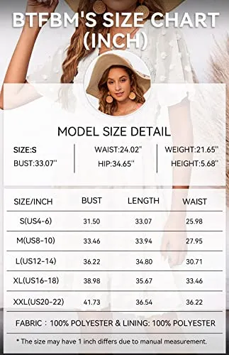 BTFBM Women's V Neck Smocked Short Sleeve Casual Dress Swiss Dot Swing Flowy Ruffle Hem Mini Beach Summer Dresses 2023(Swiss Dot White, Small)