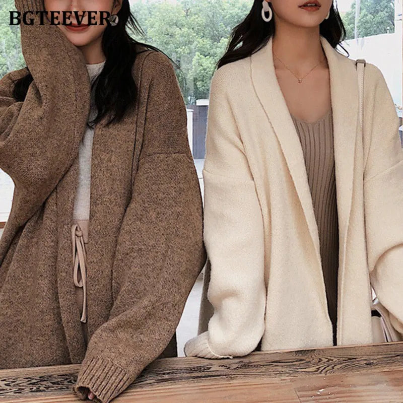 Christmas Gift Joskaa Stylish Chic Oversized Knitted Cardigans for Women V-neck Soft Warm Loose Female Sweater Cardigans Autumn Winter 2020