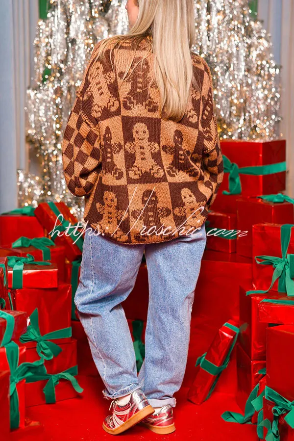 Christmas Gingerbread Man Round Neck Long Sleeve Loose Knit Sweater