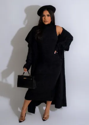 Comfy Teddy Bear Midi Dress Set Black