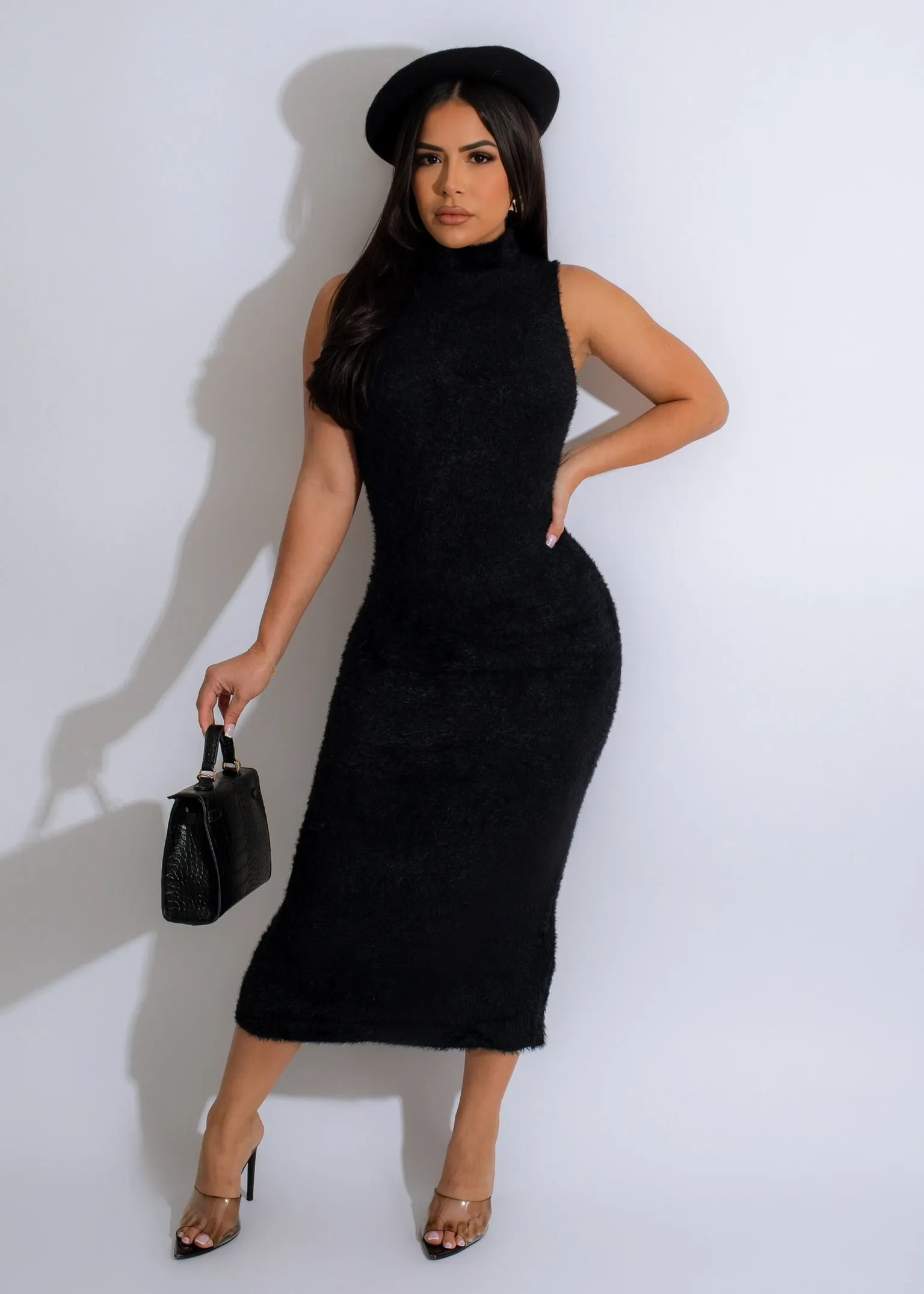 Comfy Teddy Bear Midi Dress Set Black