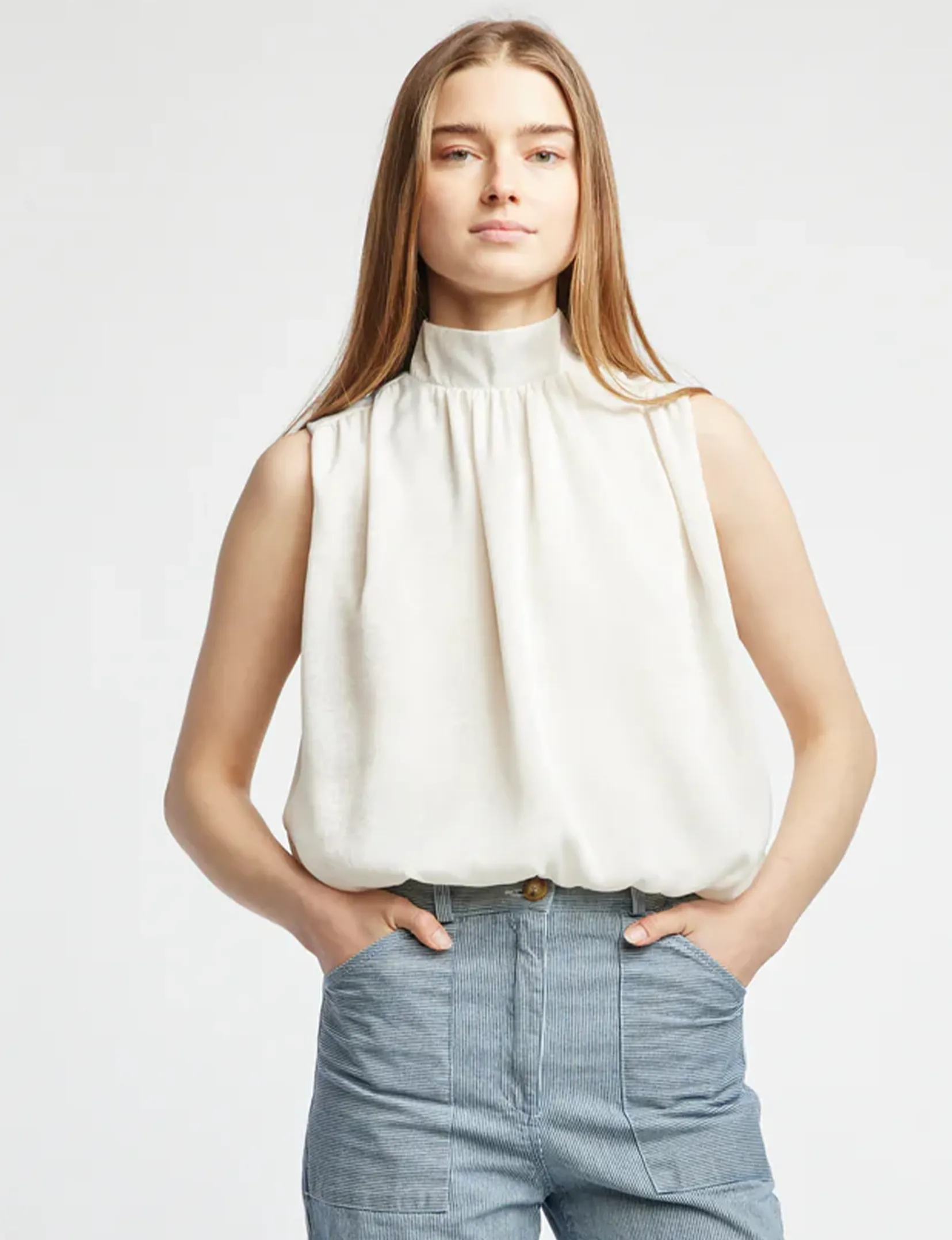 Cora Sleeveless Blouse, Cream Satin