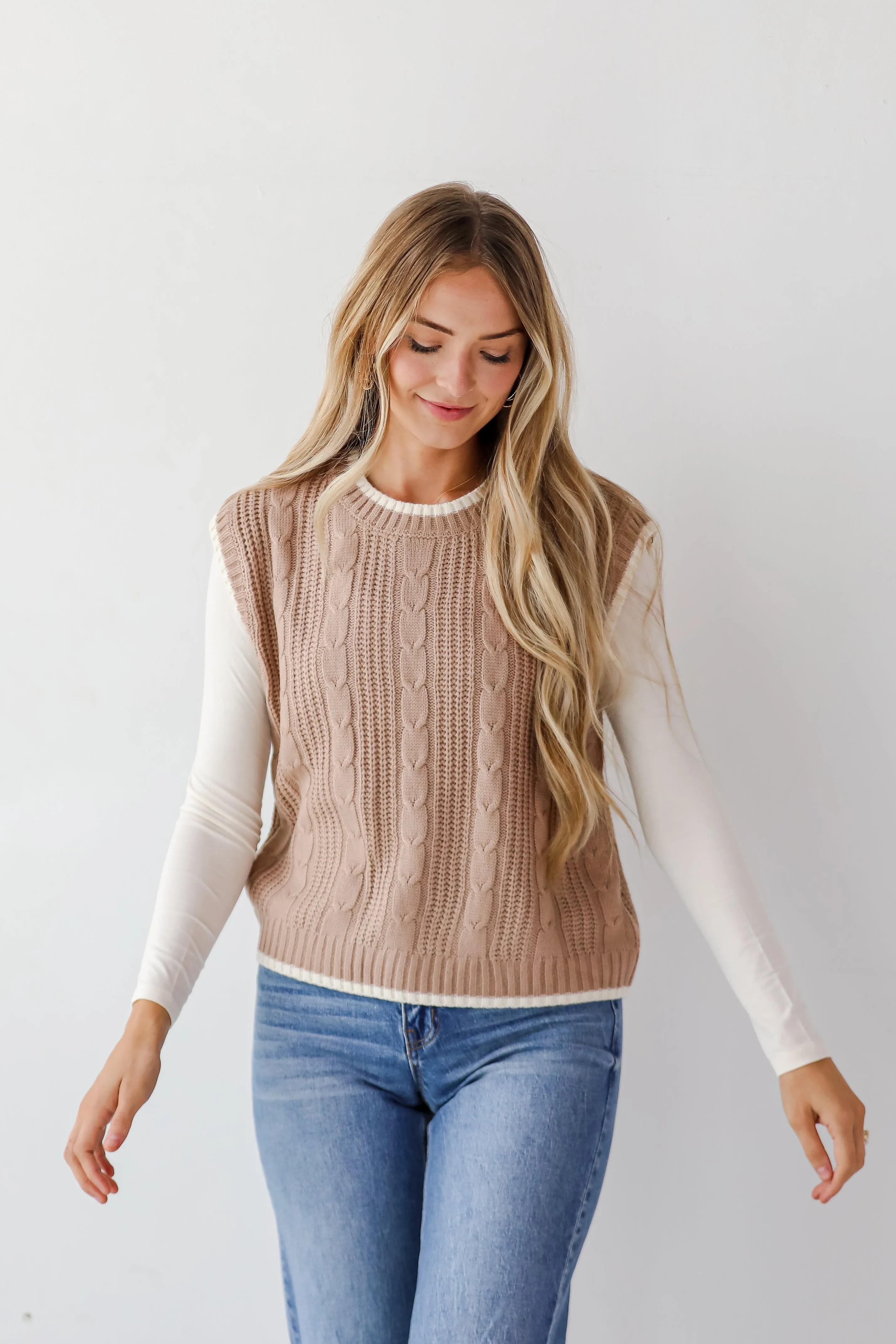 Cozy Outlook Taupe Cable Knit Sweater Vest