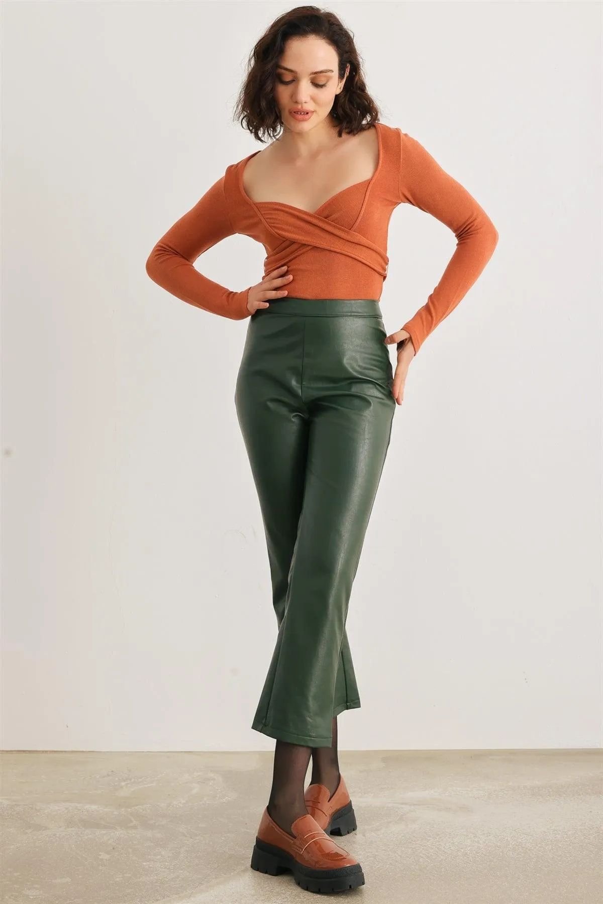 Dark Green Faux Leather High Waist Pants /2-2-2