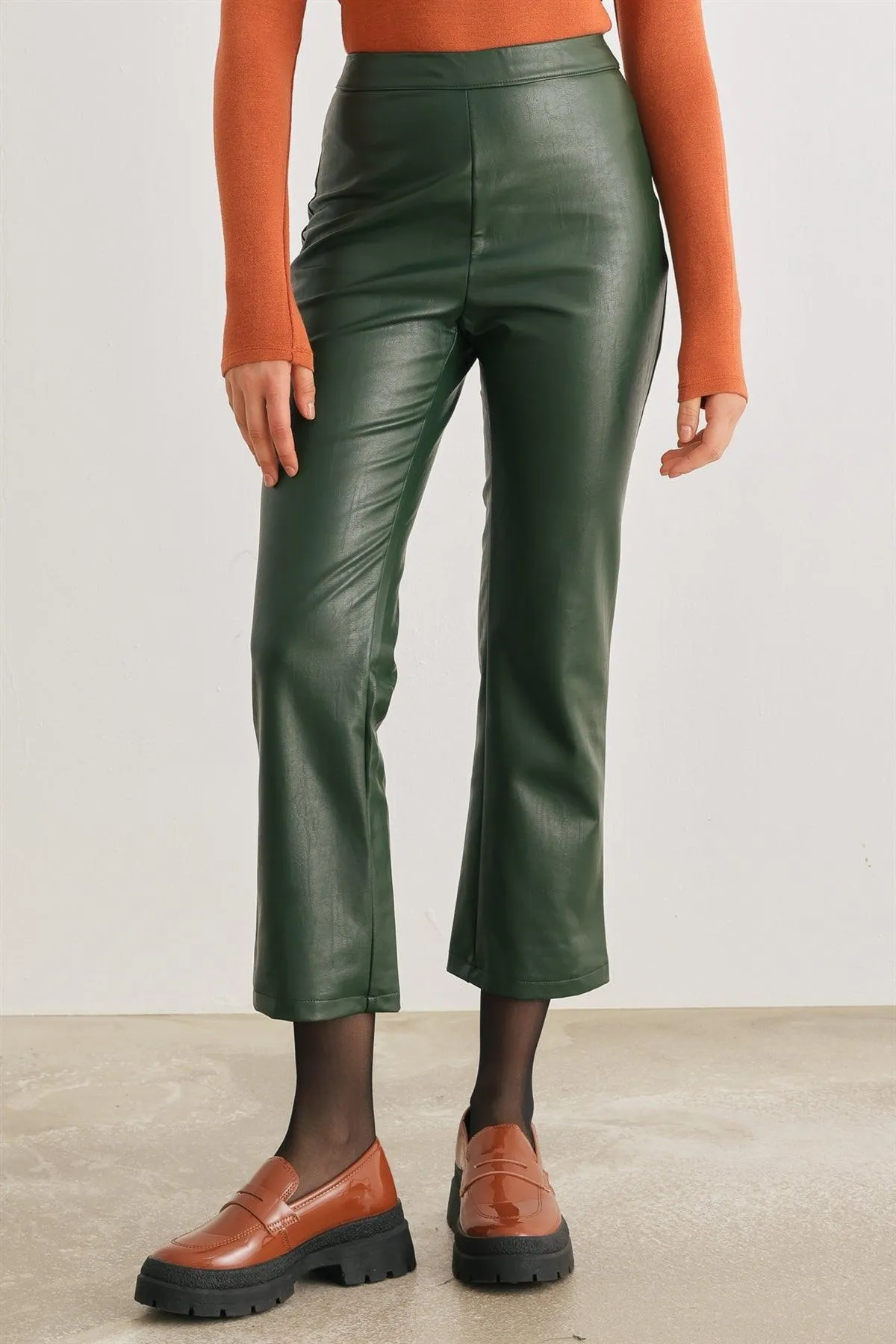 Dark Green Faux Leather High Waist Pants /2-2-2