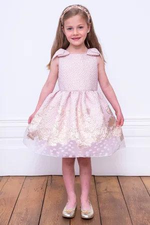 David Charles Pink and Gold Floral Brocade Girls Dress