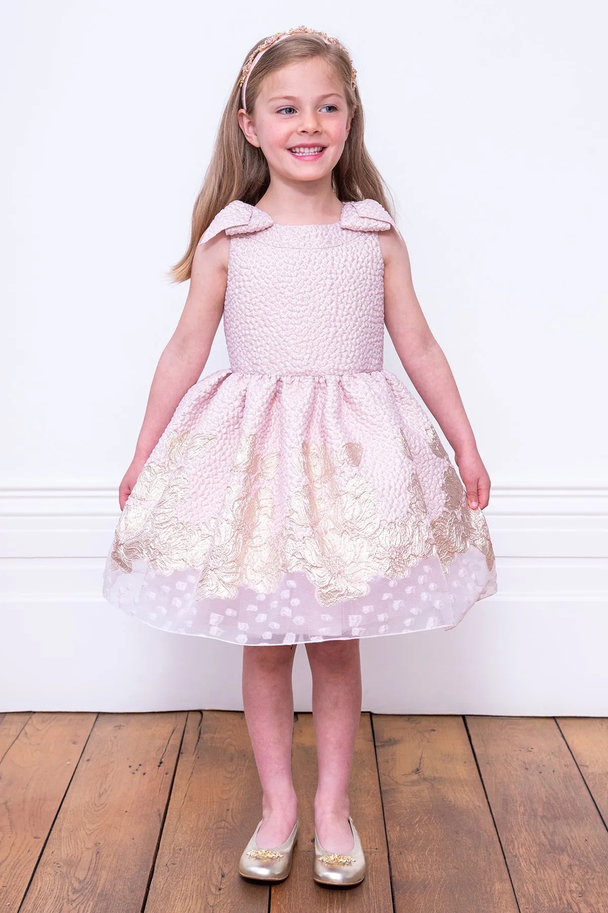 David Charles Pink and Gold Floral Brocade Girls Dress