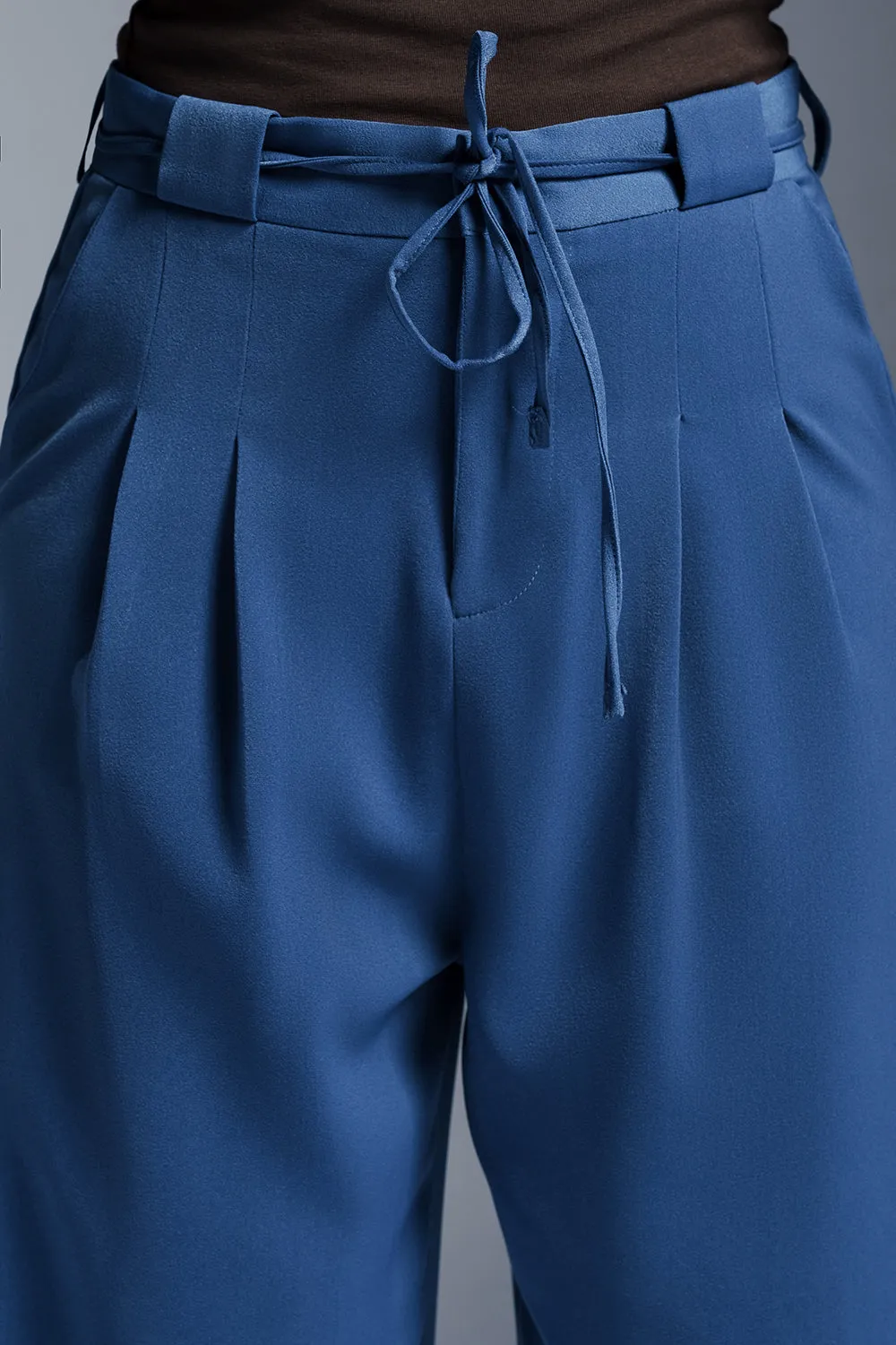 Dynamic Blue Pleated Waist Tie Korean Pants