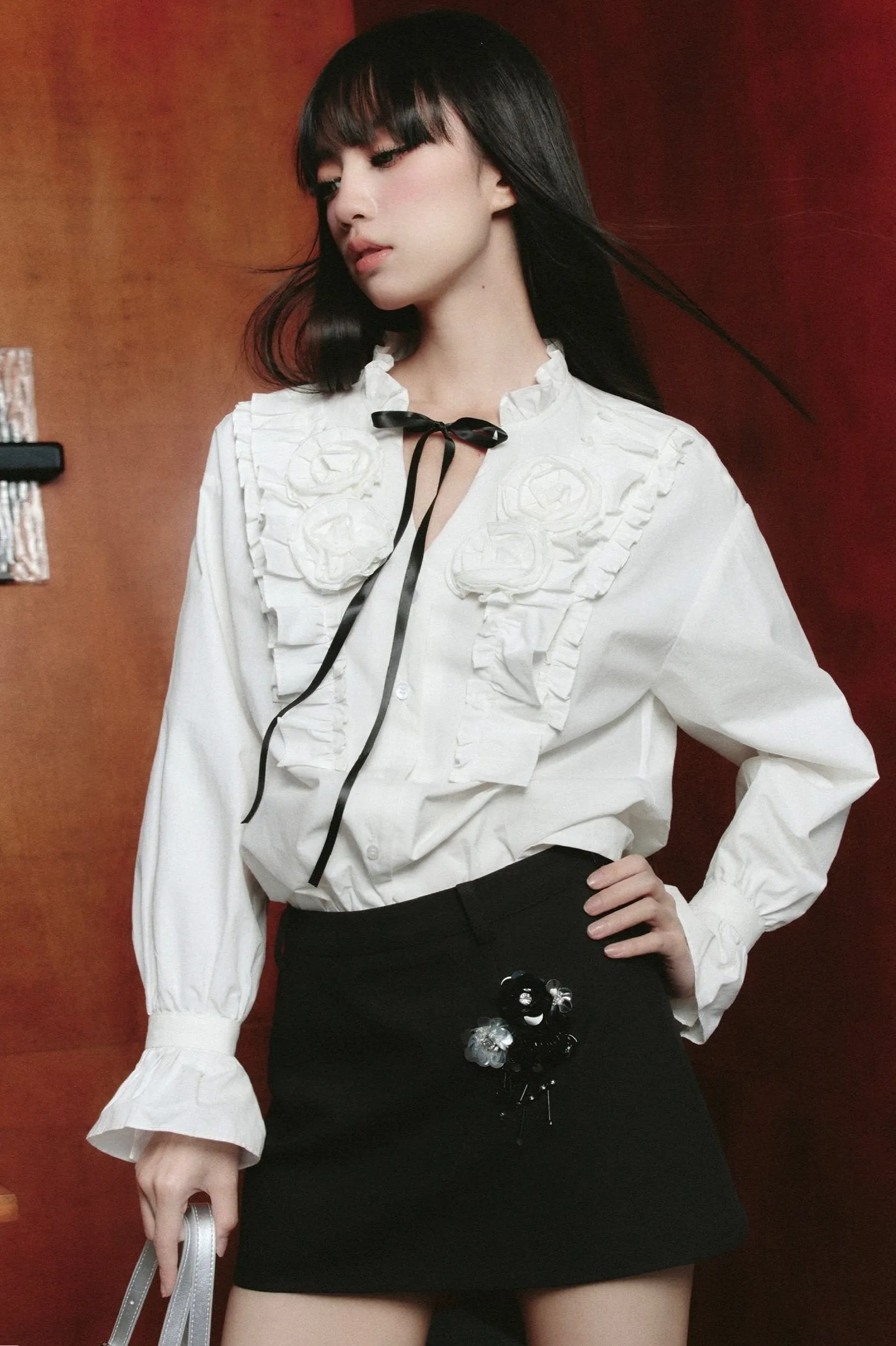 Elegant Contrast Ensemble: Crystal-Embellished Tweed Mini Skirt & Victorian Ruffle Blouse Set