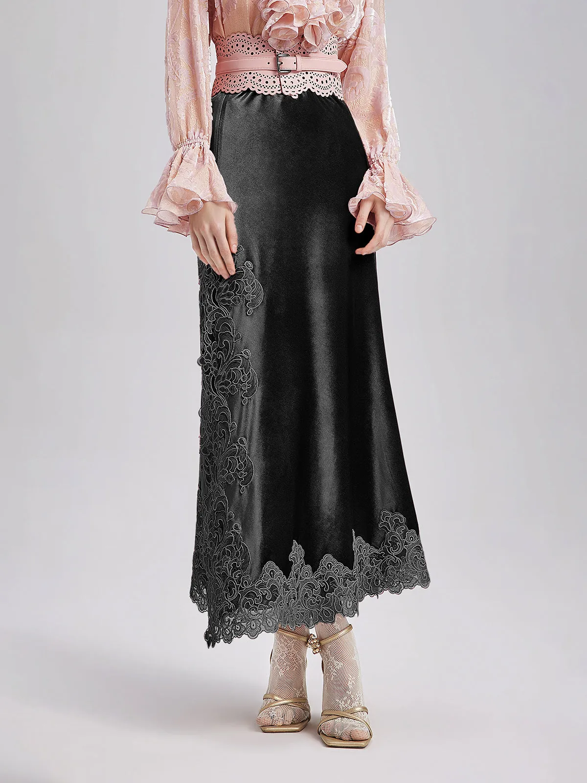 French Lace Velvet Skirt with Slit