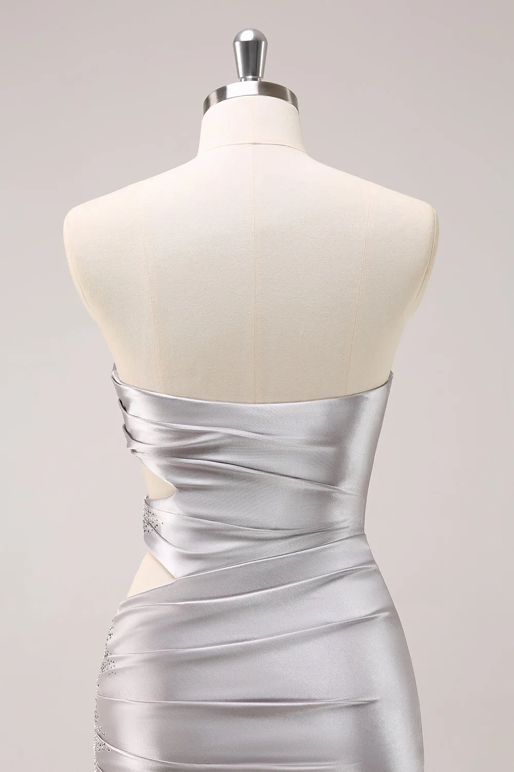 Glitter Beading Pleated Tight Strapless Grey Homecoming Dress