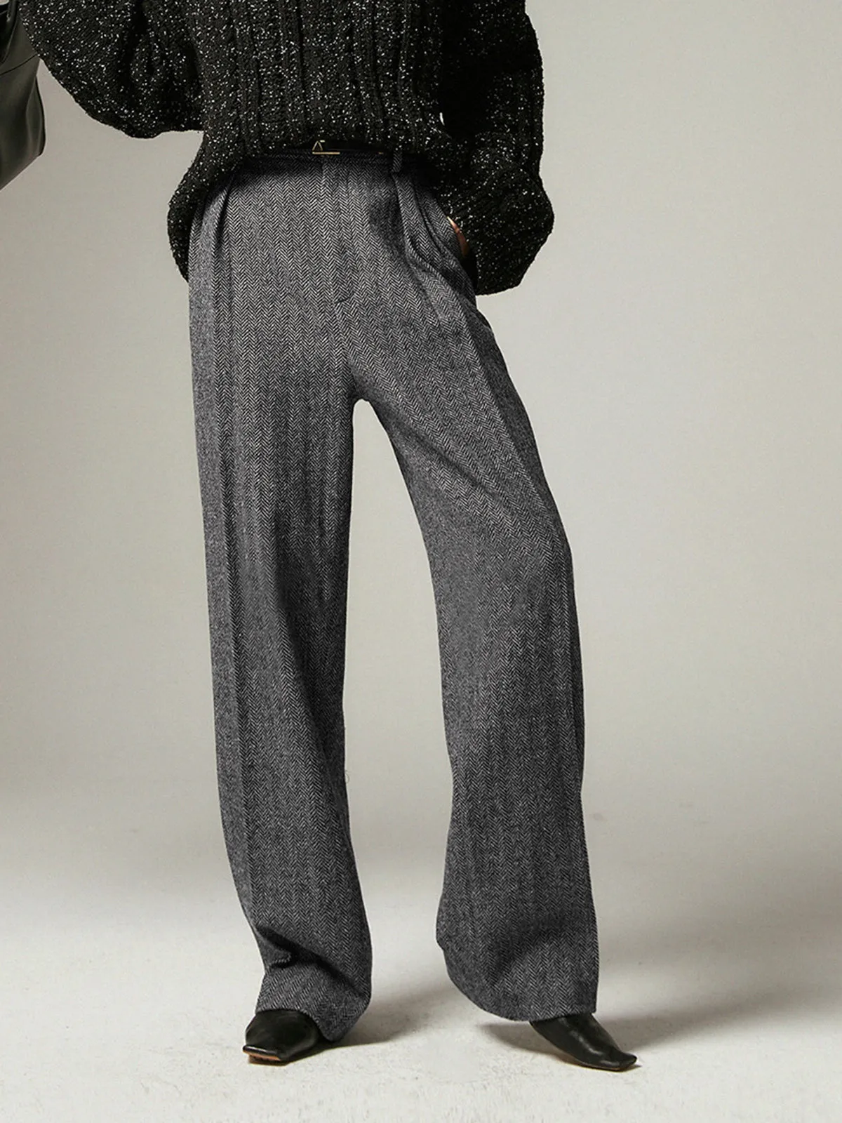 Herringbone Pockets Wide Trendy Leg Dress Pants