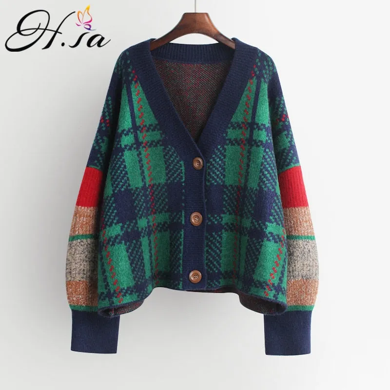 Joskaa Christmas Gift H.SA 2024 Women Fall Long Sweater Cardigans Korean Style Casual Jacket Patchwork Knit Coat V Neck Plaid Winter Warm Thick Coat