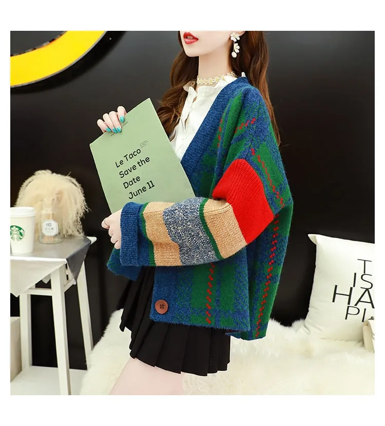 Joskaa Christmas Gift H.SA 2024 Women Fall Long Sweater Cardigans Korean Style Casual Jacket Patchwork Knit Coat V Neck Plaid Winter Warm Thick Coat