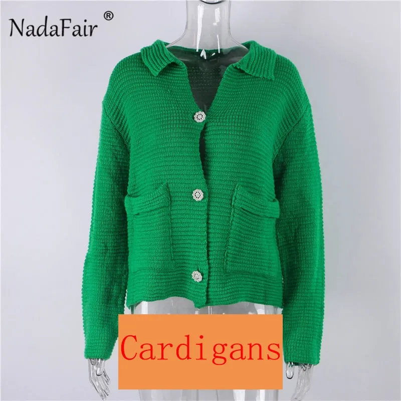 Joskaa Christmas Gift Nadafair Green Cardigan Femme Warm Knitted Sweater Y2k Casual Loose 2024 Autumn Winter Knit Top Oversized Cardigan Women