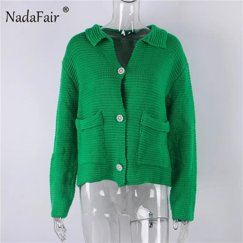 Joskaa Christmas Gift Nadafair Green Cardigan Femme Warm Knitted Sweater Y2k Casual Loose 2024 Autumn Winter Knit Top Oversized Cardigan Women