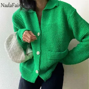 Joskaa Christmas Gift Nadafair Green Cardigan Femme Warm Knitted Sweater Y2k Casual Loose 2024 Autumn Winter Knit Top Oversized Cardigan Women