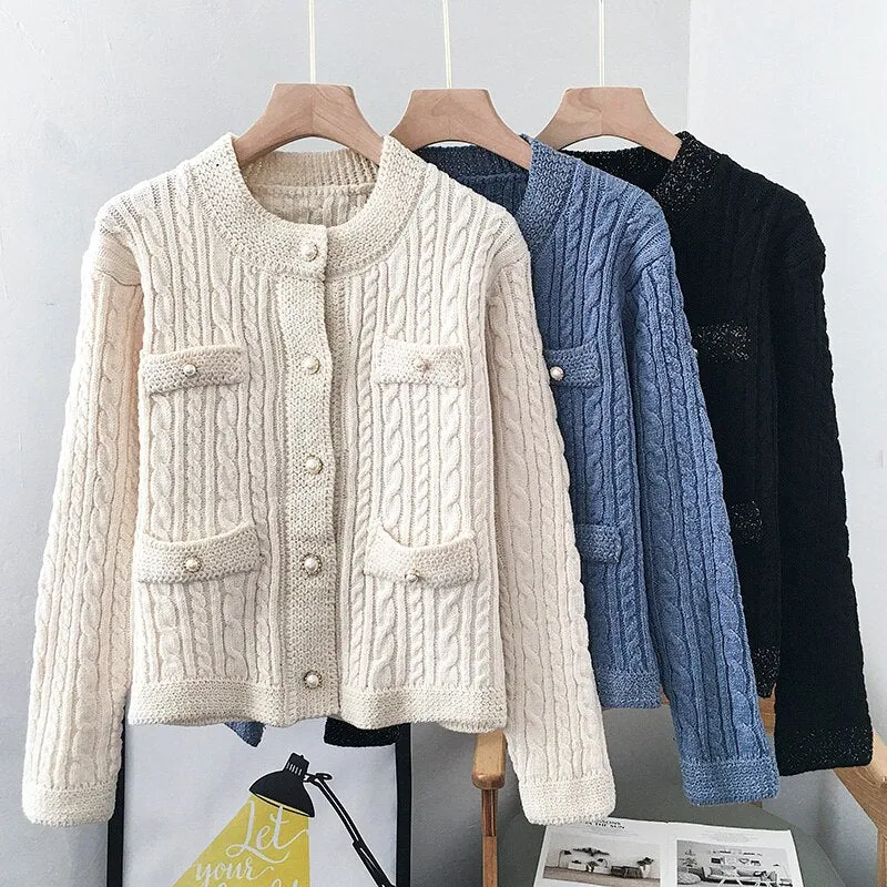 Joskaa JMPRS Cardigans Women Sweater Fashion Pearl Buttons O Neck Twisted Knitted Short Jackets Pockets Korean Warm Winter Thick Tops