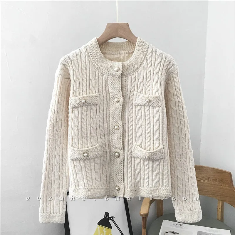 Joskaa JMPRS Cardigans Women Sweater Fashion Pearl Buttons O Neck Twisted Knitted Short Jackets Pockets Korean Warm Winter Thick Tops