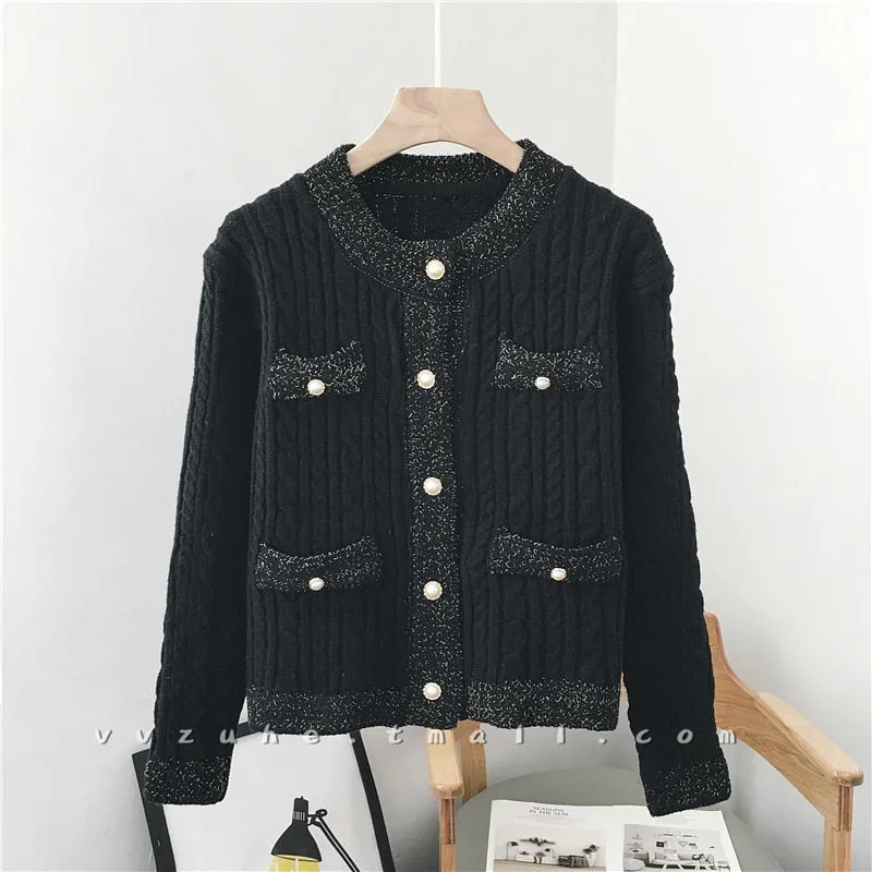 Joskaa JMPRS Cardigans Women Sweater Fashion Pearl Buttons O Neck Twisted Knitted Short Jackets Pockets Korean Warm Winter Thick Tops