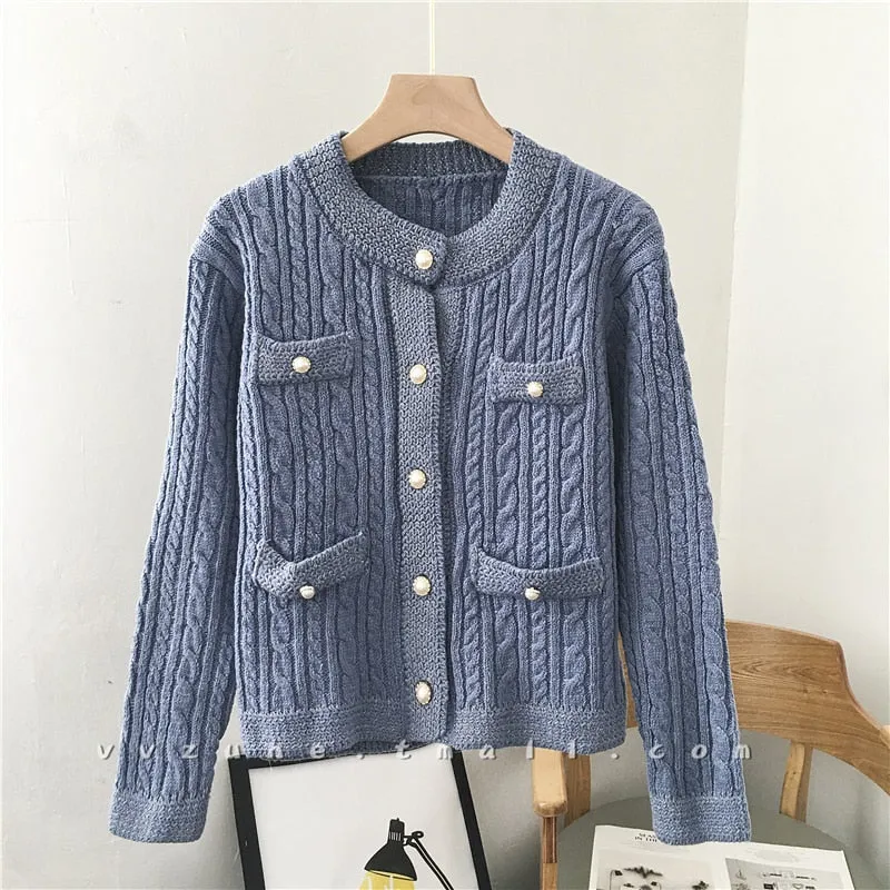 Joskaa JMPRS Cardigans Women Sweater Fashion Pearl Buttons O Neck Twisted Knitted Short Jackets Pockets Korean Warm Winter Thick Tops