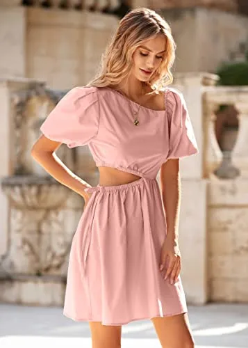 KIRUNDO 2023 Women's Summer Short Puff Sleeve Cut Out Dress Casual Solid Asymmetrical Neck A Line Beach Party Mini Dresses(Pink, Small)