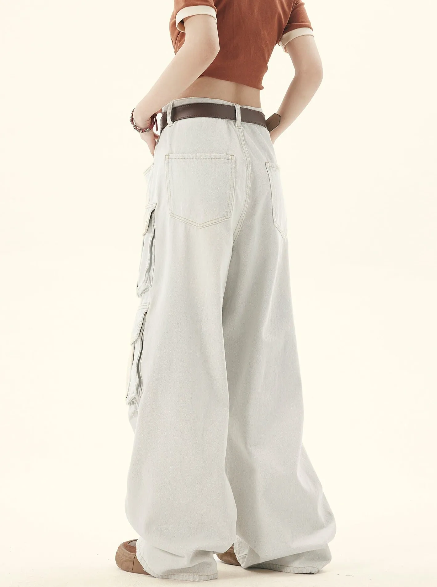 Light-Washed Denim Wide-leg Cargo Pants