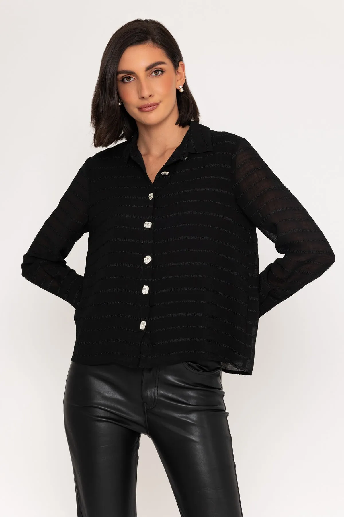 Long Sleeve Stripe Detail Blouse in Black