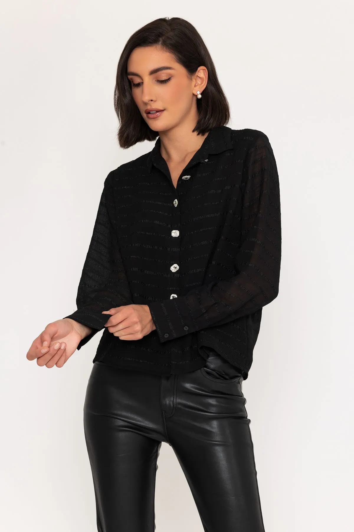 Long Sleeve Stripe Detail Blouse in Black