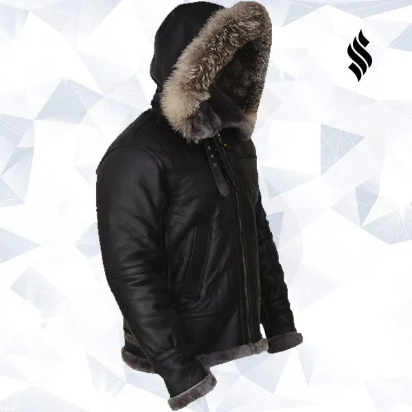 Men Black Shearling Jacket With Hoodie