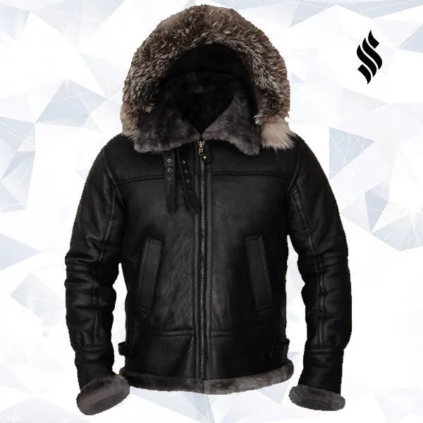 Men Black Shearling Jacket With Hoodie