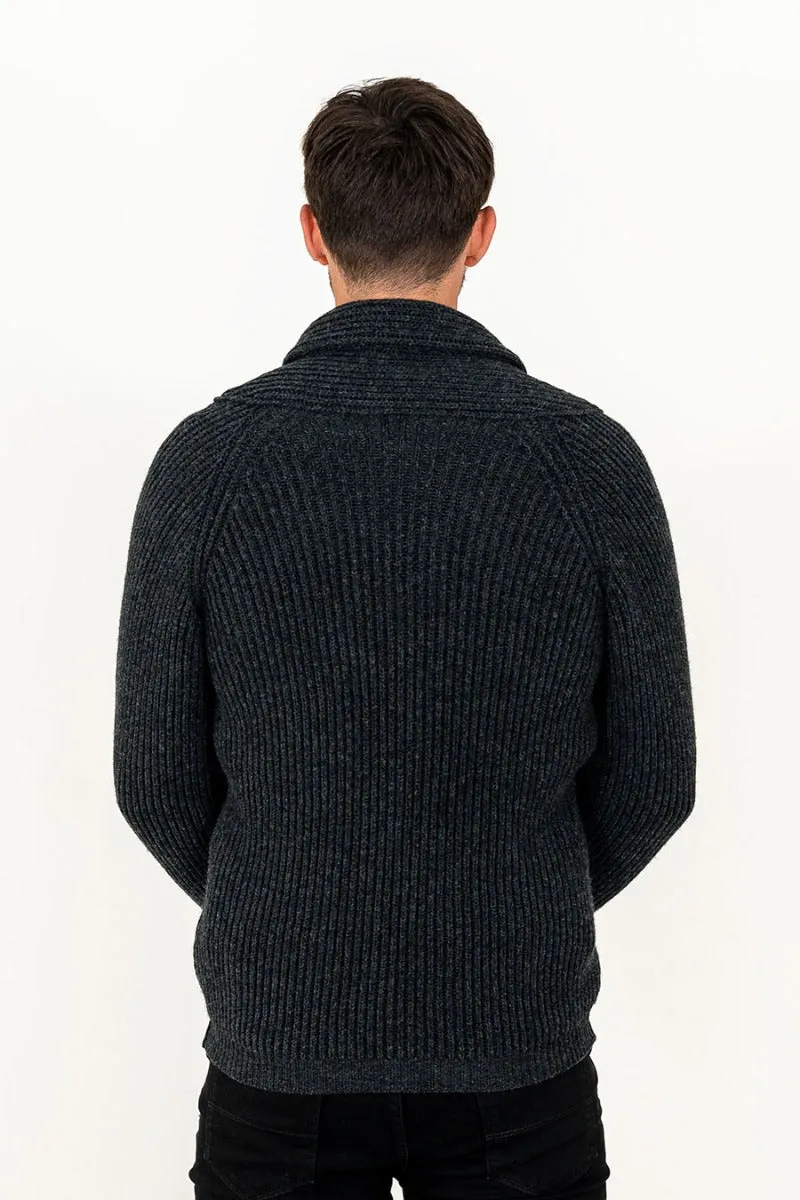 Mens ribbed Shawl Collar wool Cardigan - Charcoal