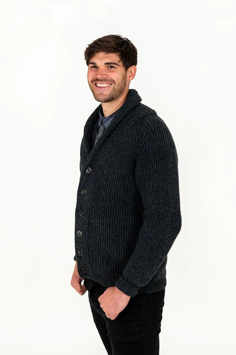 Mens ribbed Shawl Collar wool Cardigan - Charcoal