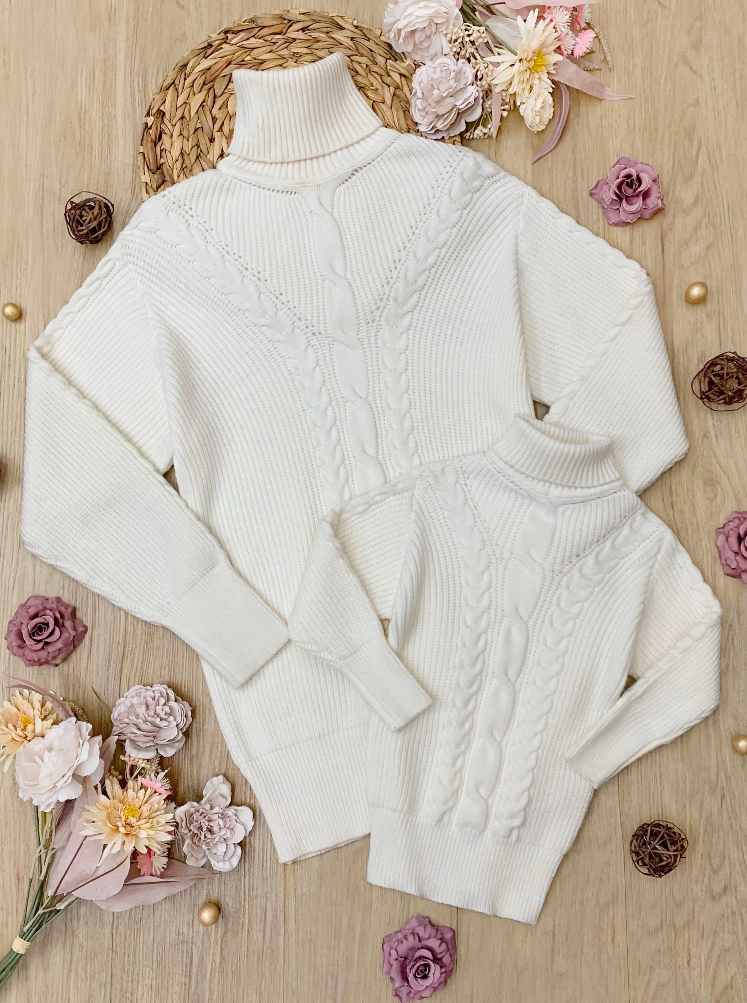 Mommy and Me Cream Oversized Cable Knit Sweater