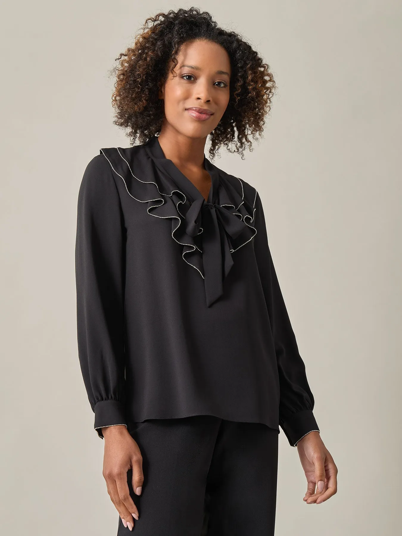 Plus Beaded Ruffle Blouse, Iconic Stretch Crepe