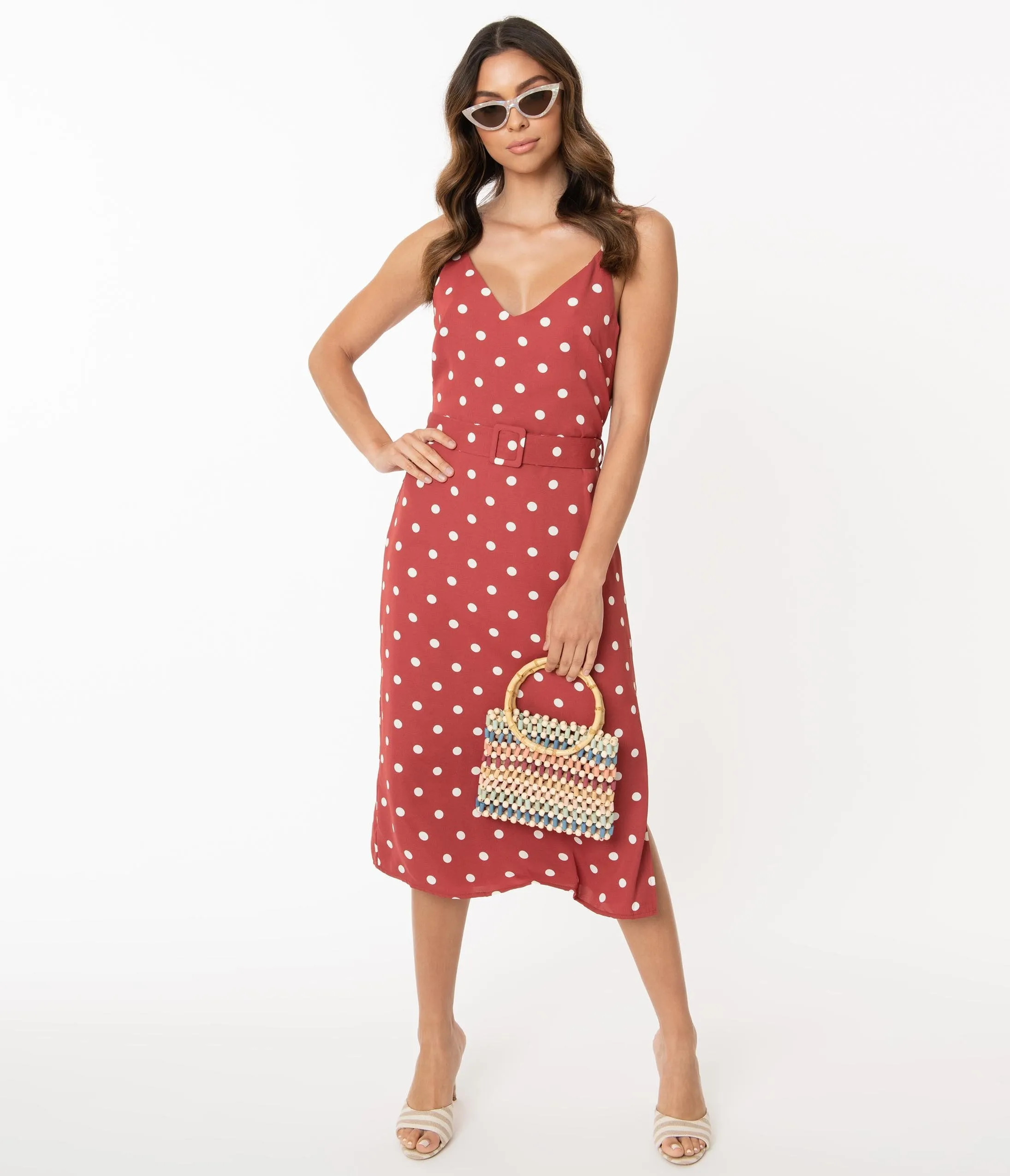 Retro Style Dark Rose & White Polka Dot Midi Dress