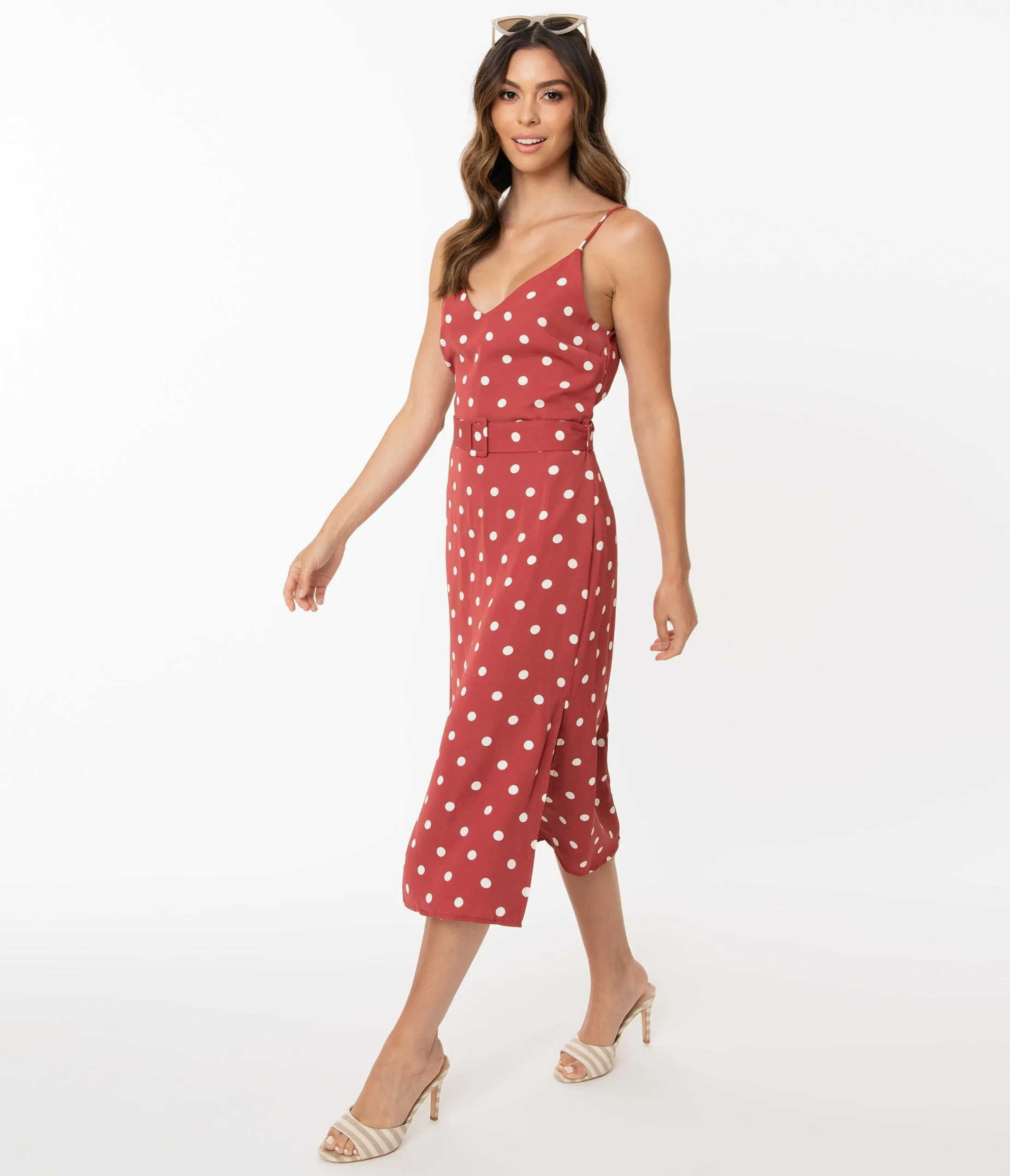 Retro Style Dark Rose & White Polka Dot Midi Dress