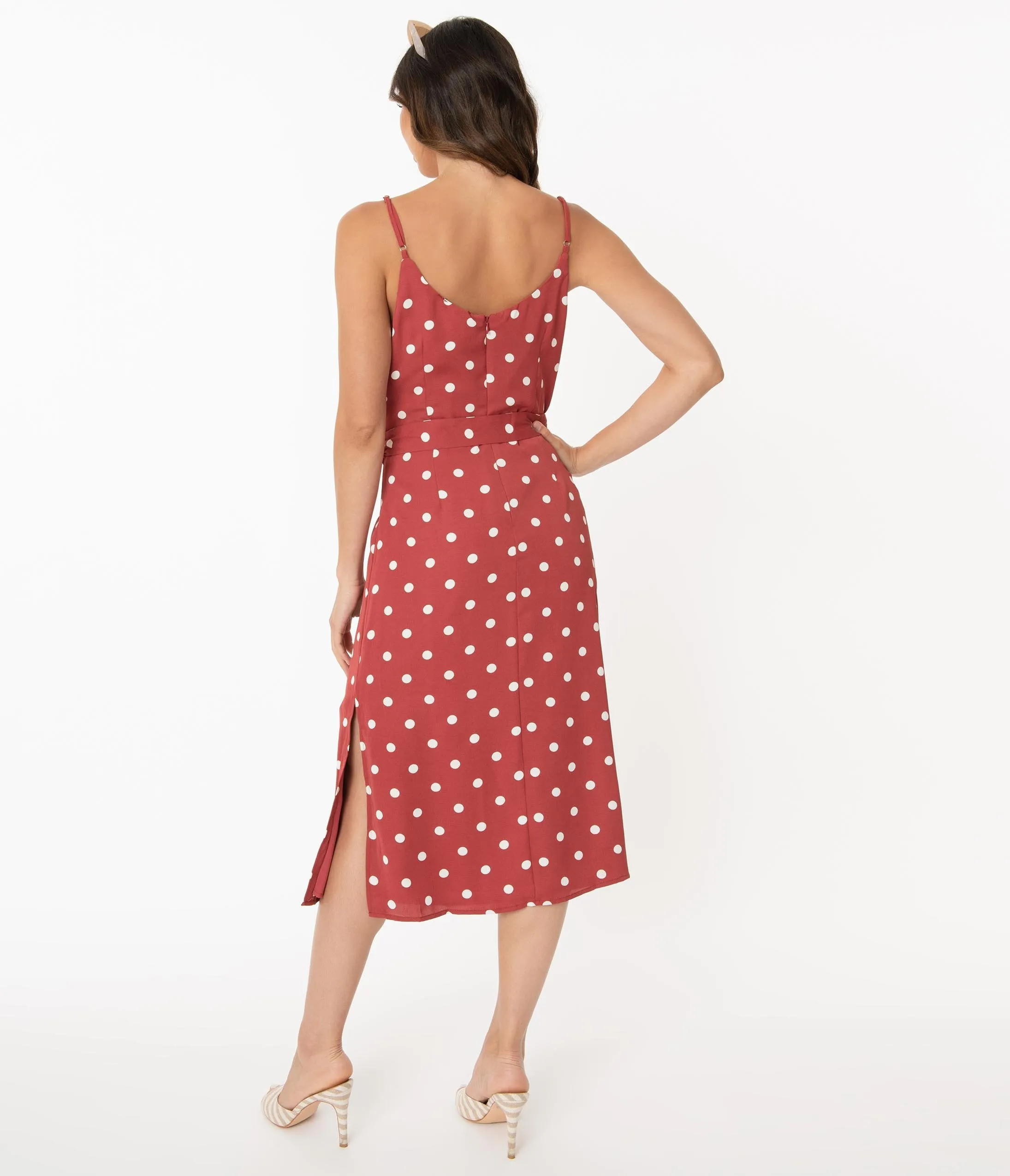 Retro Style Dark Rose & White Polka Dot Midi Dress