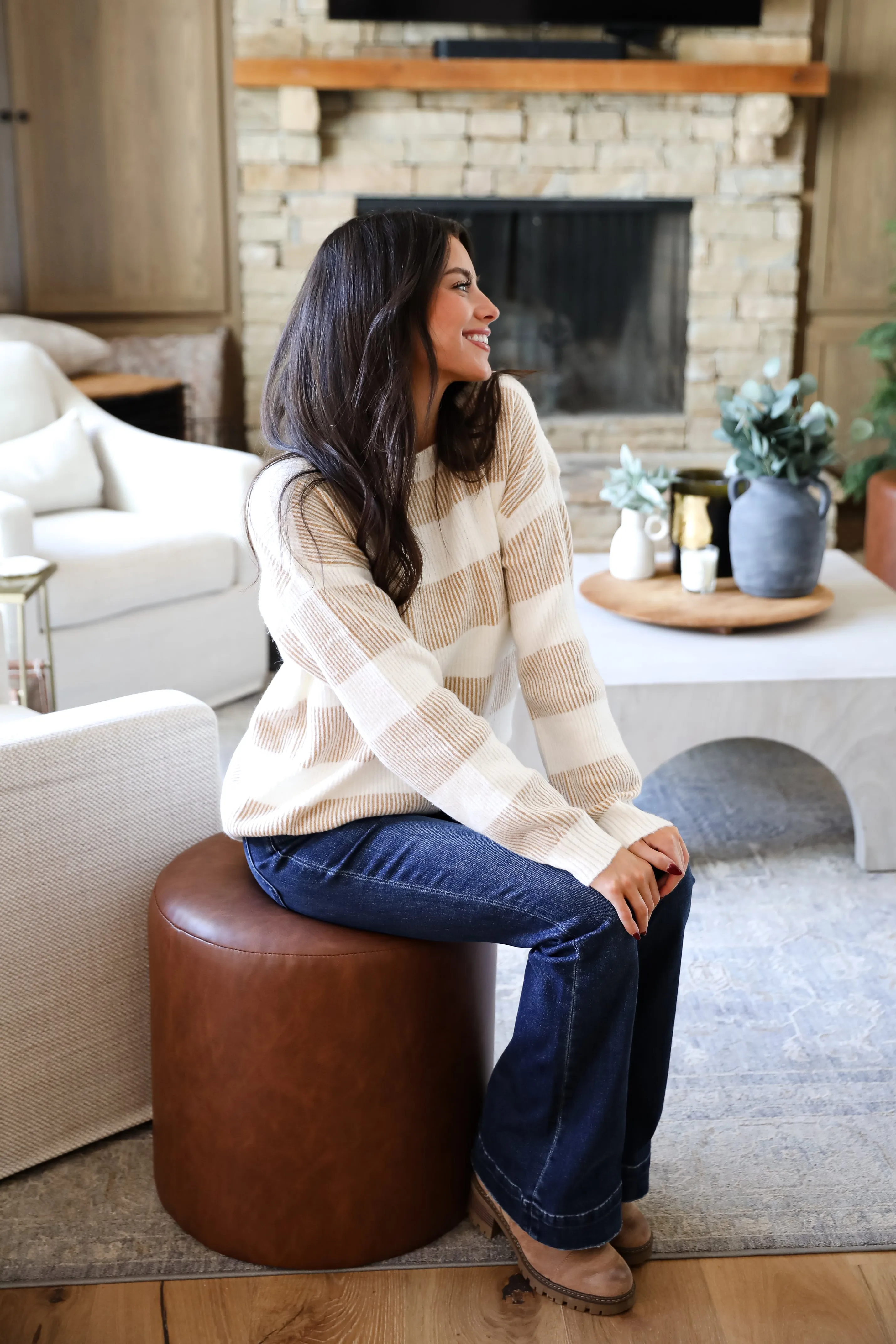 Seasonal Snuggles Taupe Striped Sweater - DOORBUSTER