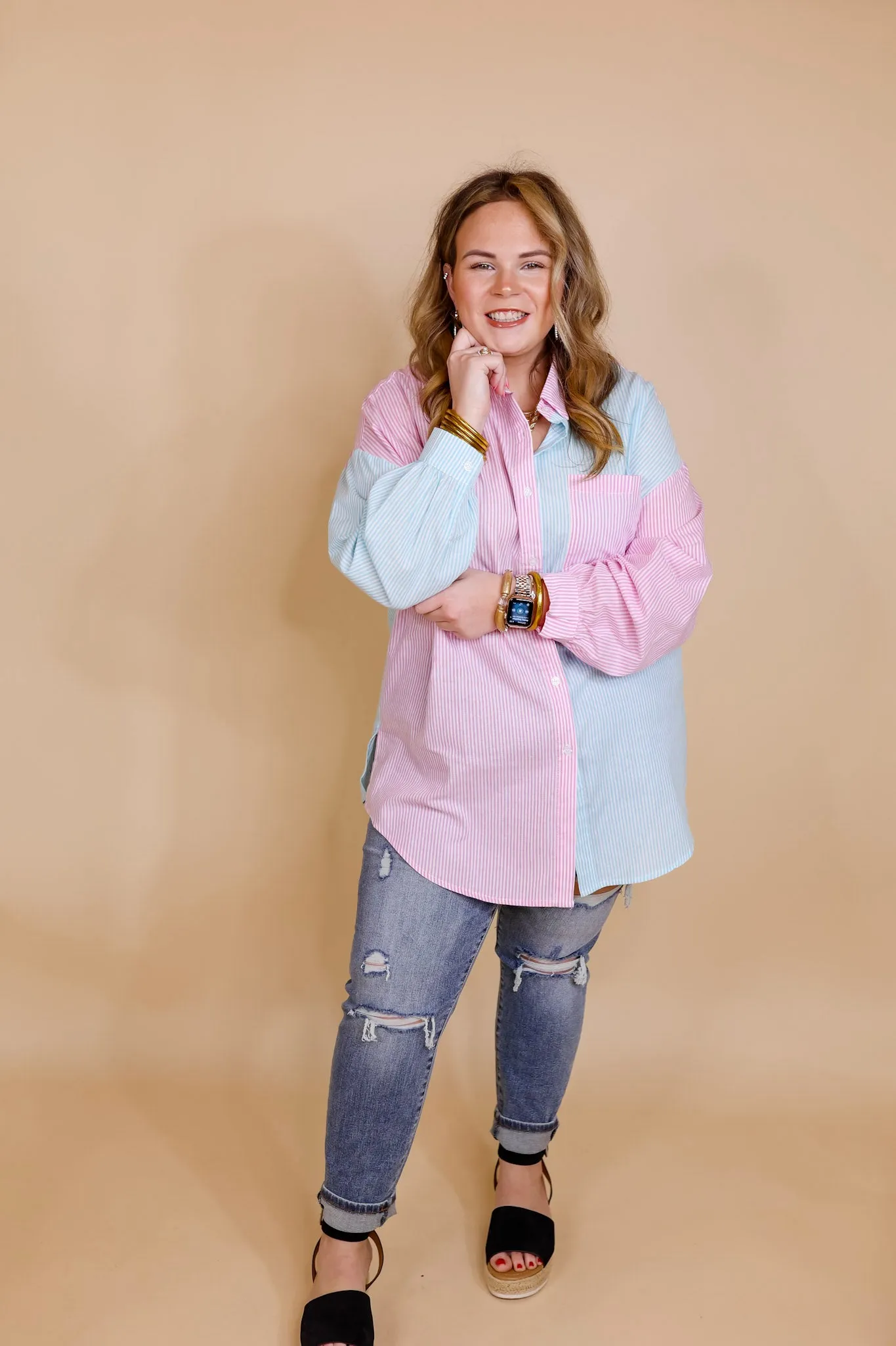 Simply Polished Pin Stripe Long Sleeve Button Up Top in Blue and Pink